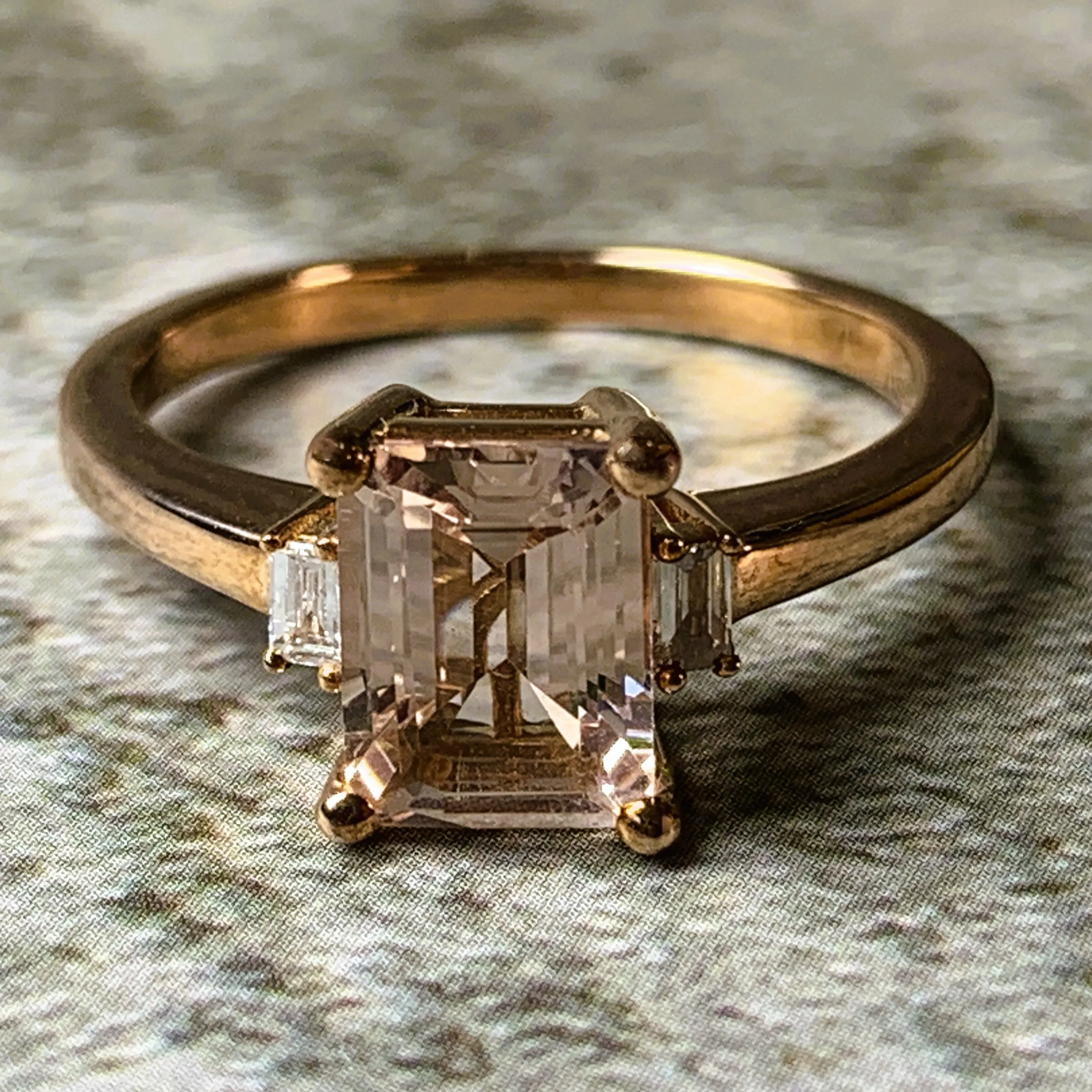 9kt Rose Gold Emerald cut Morganite 1.37ct and Baugette Diamond ring
