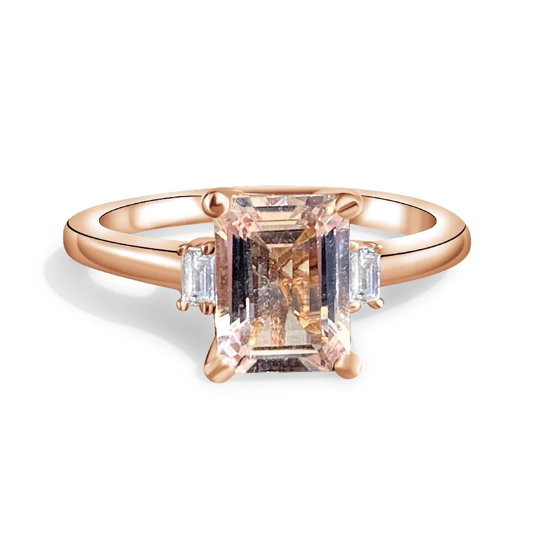 9kt Rose Gold Emerald cut Morganite 1.37ct and Baugette Diamond ring