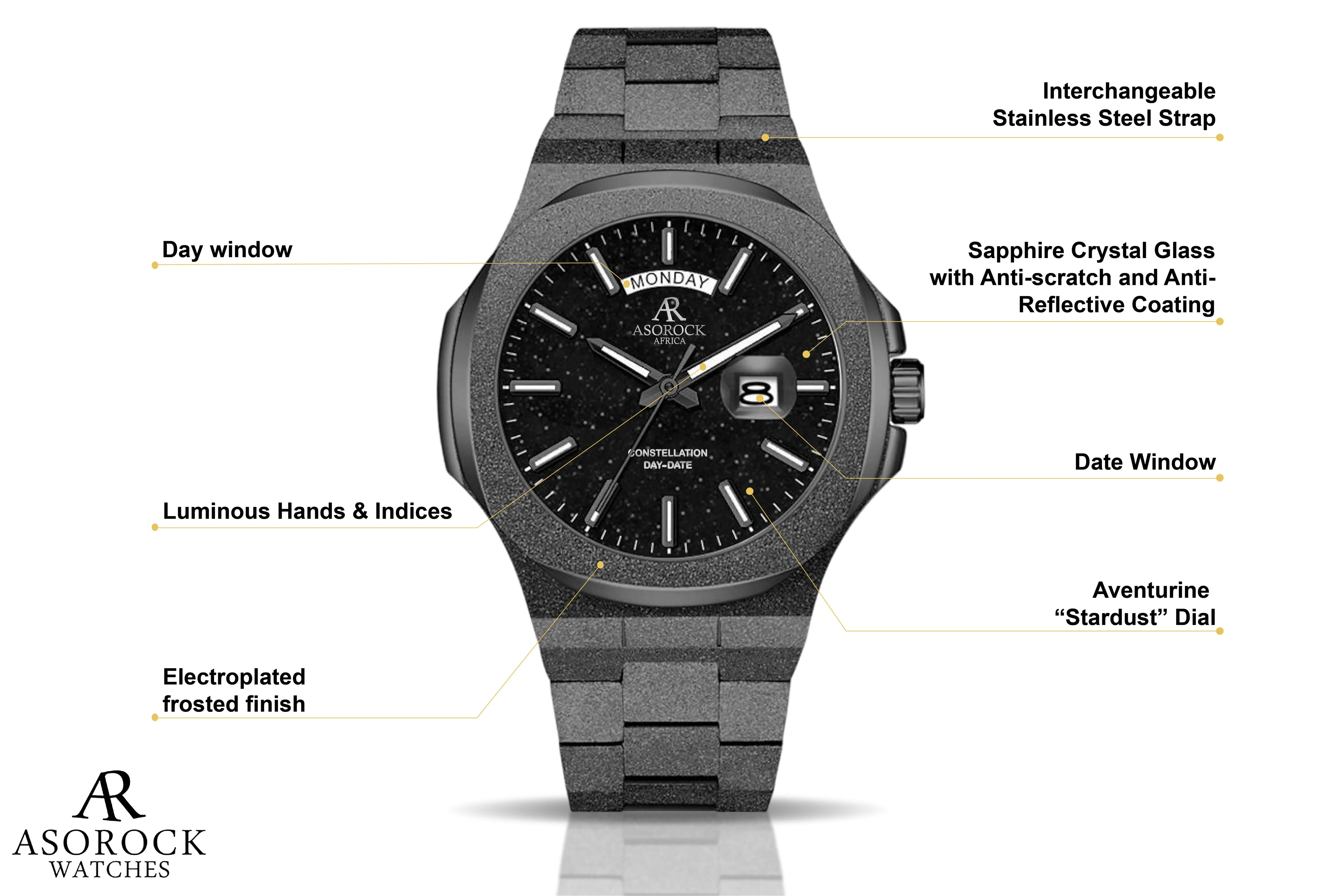 All Black frosted stardust Constellation day date (Pre-order) by ASOROCK WATCHES
