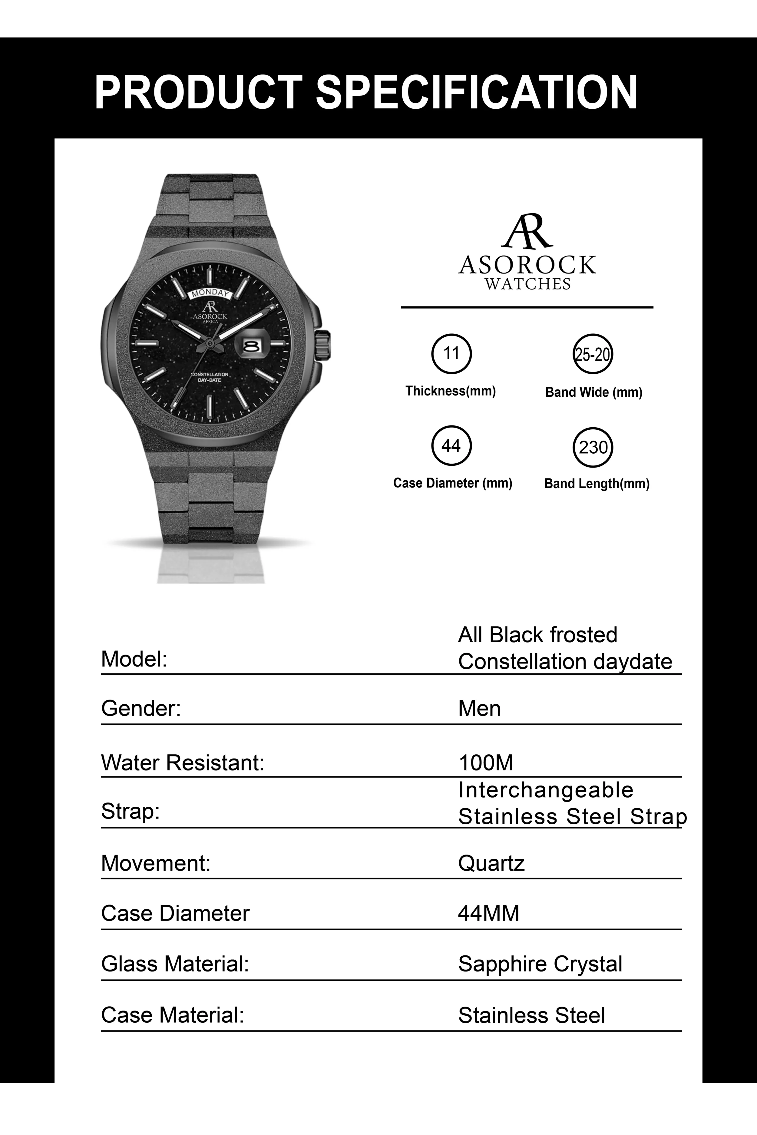 All Black frosted stardust Constellation day date (Pre-order) by ASOROCK WATCHES