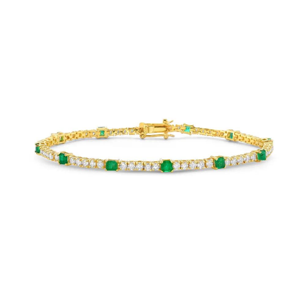 Alternate Diamond & Princess Cut Emerald Tennis Bracelet (4.00 ct.) 4-Prongs Setting in 14K Gold