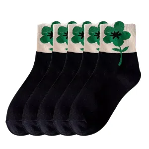 Anysox 5 Pairs One Size 5-8 Black Lily Style Cartoon Flower With Candy Color Kawaii Mid Tube Breathable Casual Short Socks For Women
