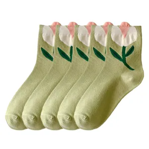 Anysox 5 Pairs One Size 5-8 Green Tulips Style Cartoon Flower With Candy Color Kawaii Mid Tube Breathable Casual Short Socks For Women