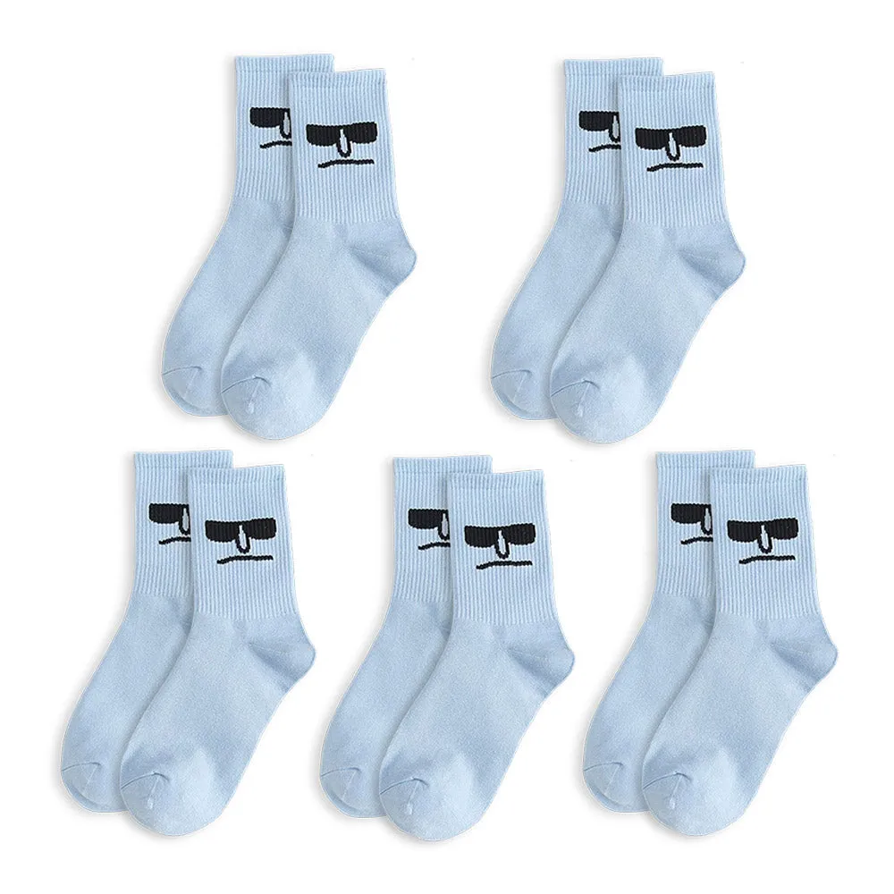 Anysox 5 Pairs One Size 5-9 Blue Unisex Wacky Expressions Style Trend Surprise Socks With Candy Colors Funny, Kawaii, Happy Girls Socks For Women