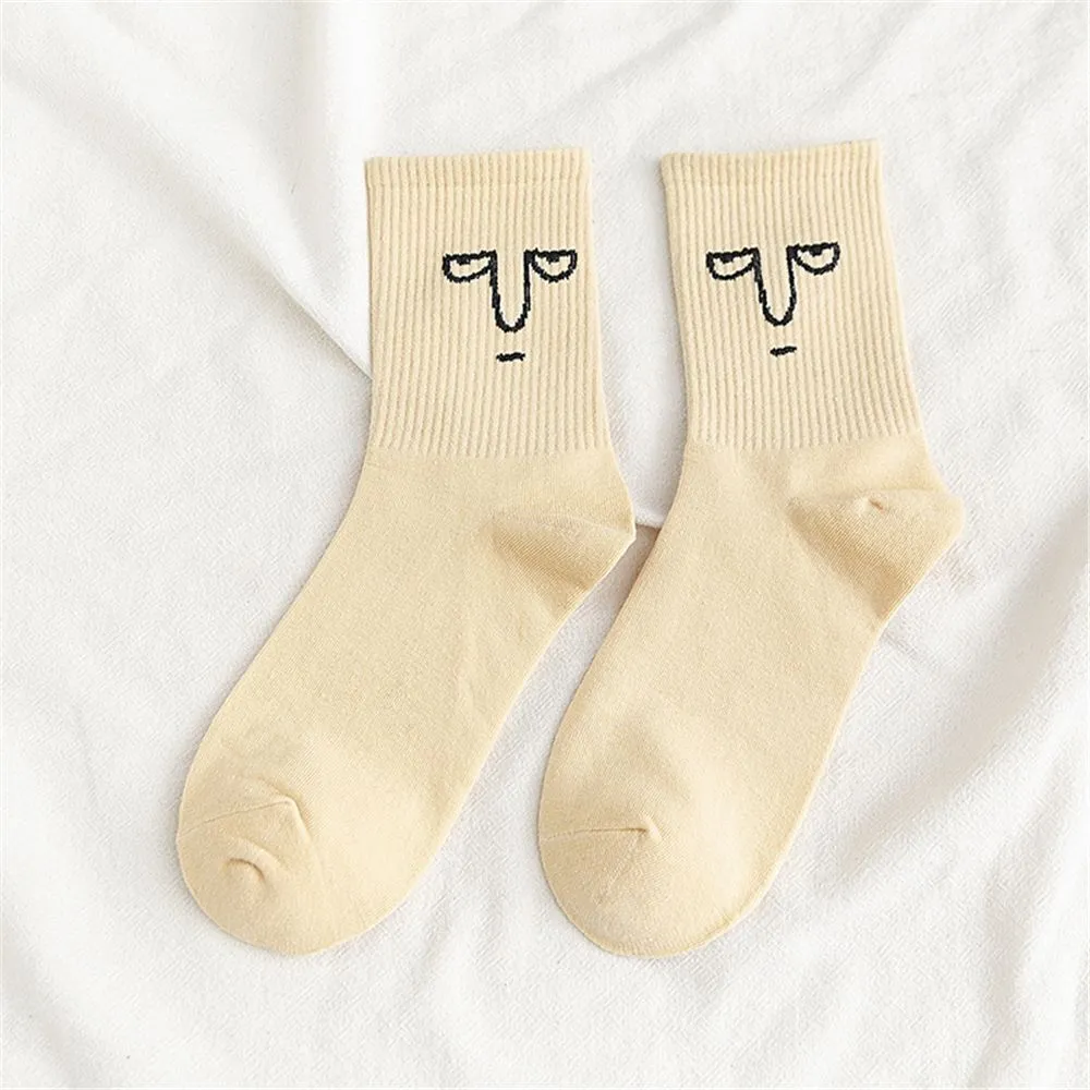 Anysox 5 Pairs One Size 5-9 Milk White Unisex Wacky Expressions Trend Surprise Socks With Candy Colors Funny, Kawaii, Happy Girls Socks For Women
