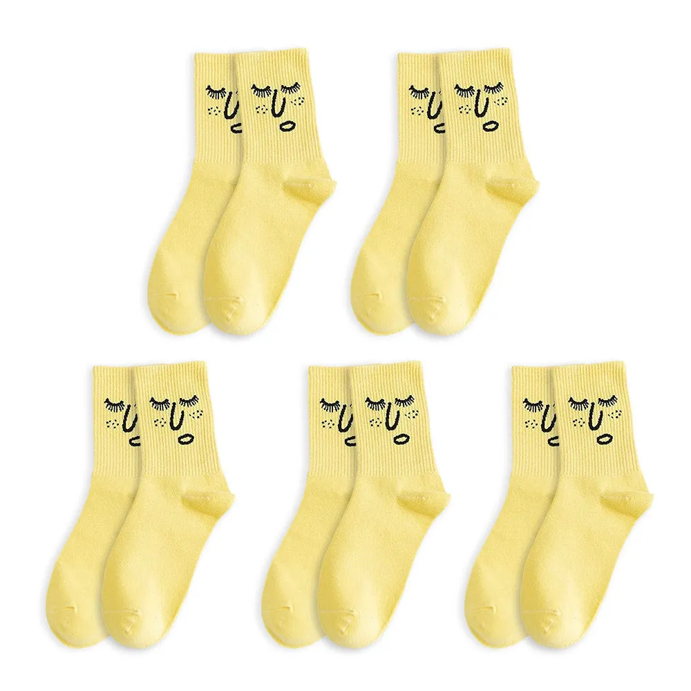 Anysox 5 Pairs One Size 5-9 Yellow Unisex Wacky Expressions Style Trend Surprise Socks With Candy Colors Funny, Kawaii, Happy Girls Socks For Women