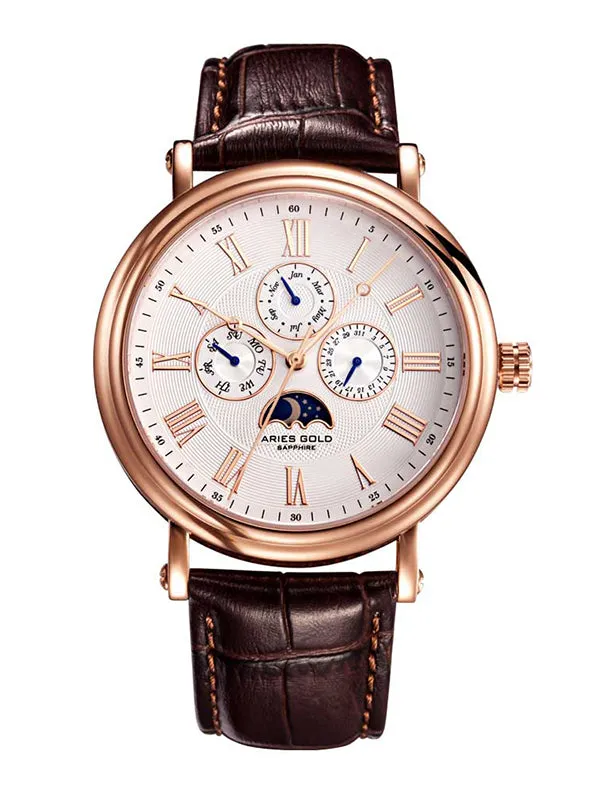 Aries Gold Urban Kensington Rose Gold Stainless Steel Brown Leather Strap G 101 RG-W Watch