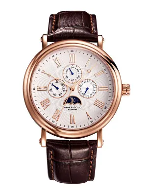Aries Gold Urban Kensington Rose Gold Stainless Steel Brown Leather Strap G 101 RG-W Watch