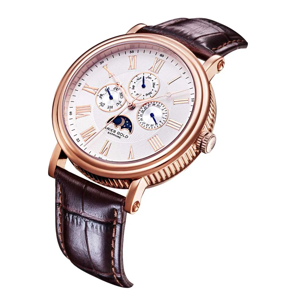 Aries Gold Urban Kensington Rose Gold Stainless Steel Brown Leather Strap G 101 RG-W Watch