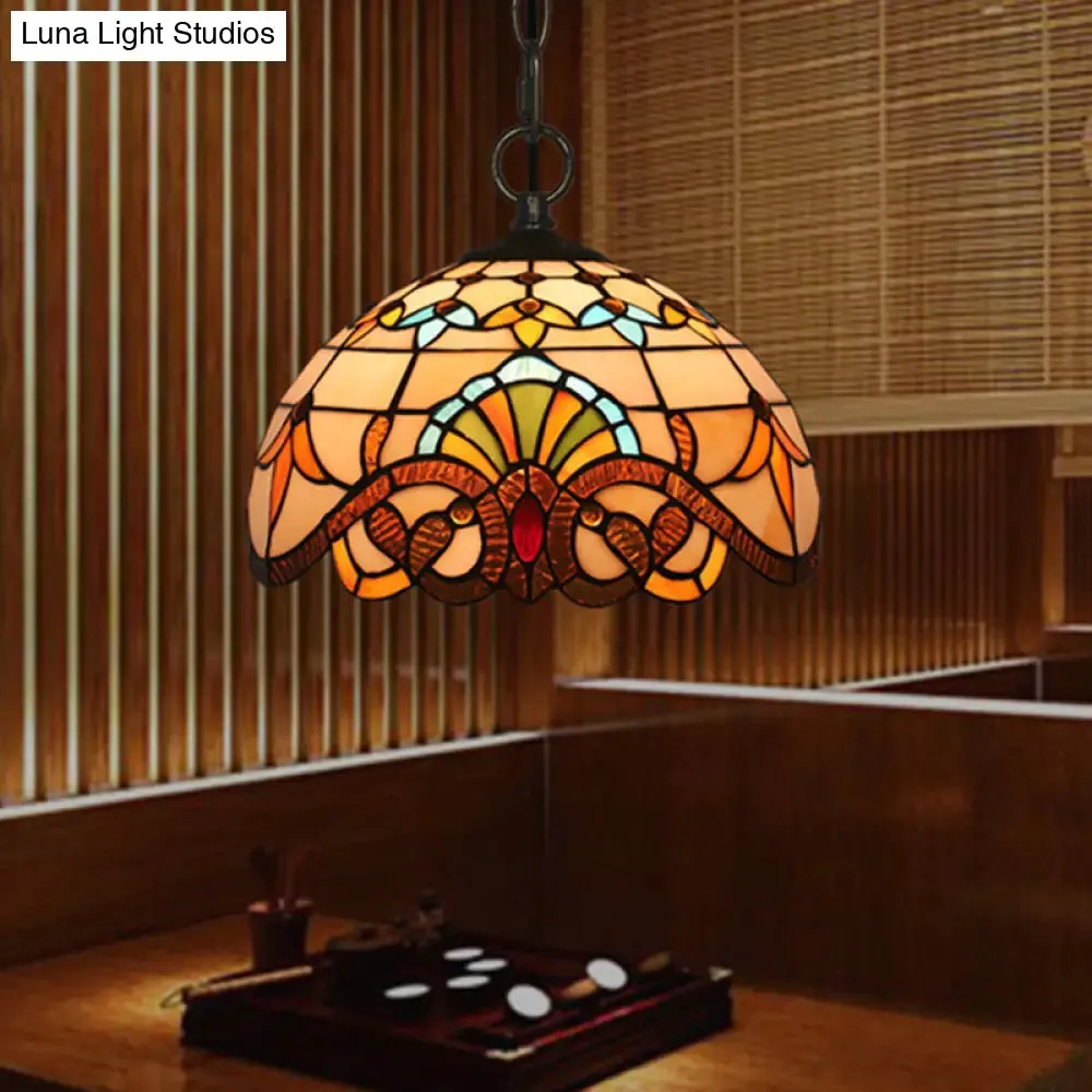Baroque Stained Glass Pendant Light in Brown for Restaurant Ceiling Decor