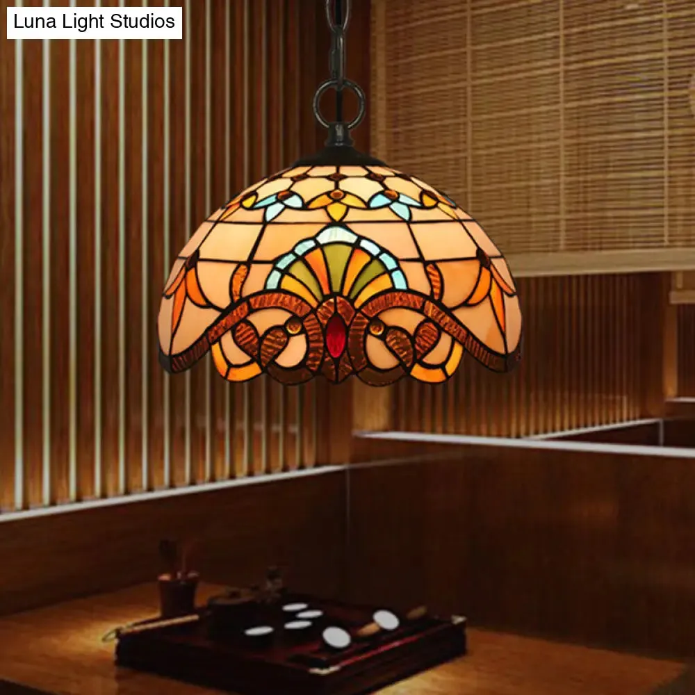 Baroque Stained Glass Pendant Light in Brown for Restaurant Ceiling Decor