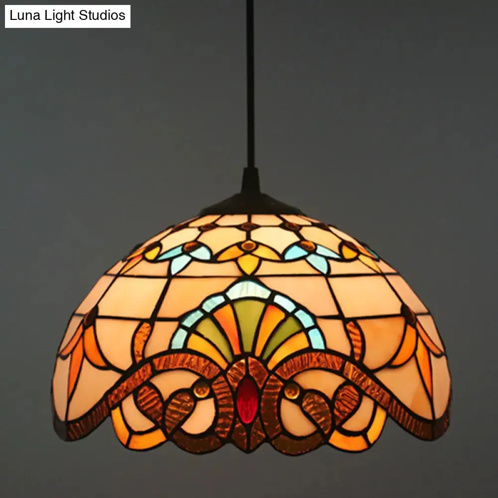 Baroque Stained Glass Pendant Light in Brown for Restaurant Ceiling Decor