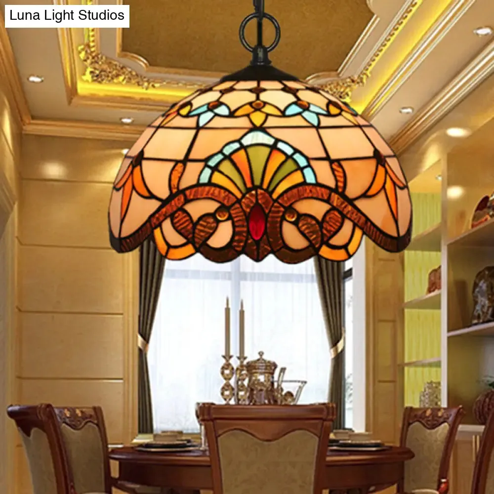 Baroque Stained Glass Pendant Light in Brown for Restaurant Ceiling Decor