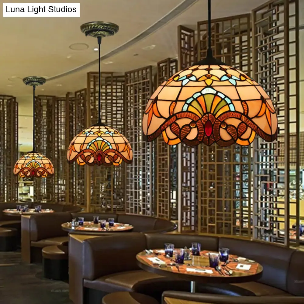 Baroque Stained Glass Pendant Light in Brown for Restaurant Ceiling Decor