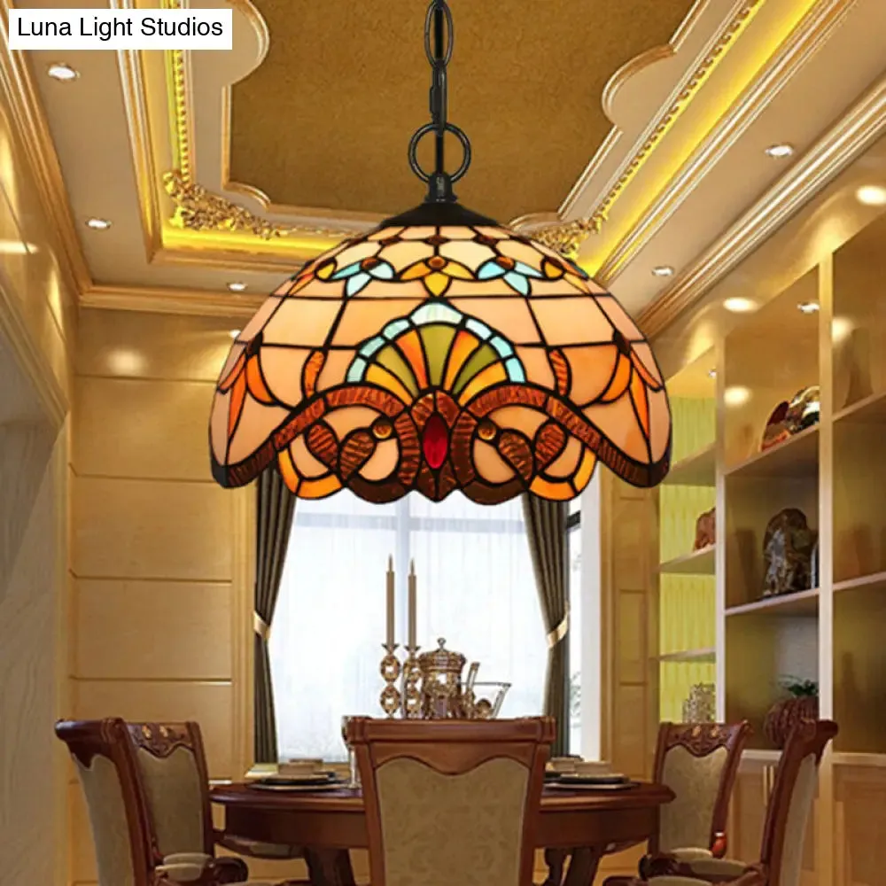 Baroque Stained Glass Pendant Light in Brown for Restaurant Ceiling Decor