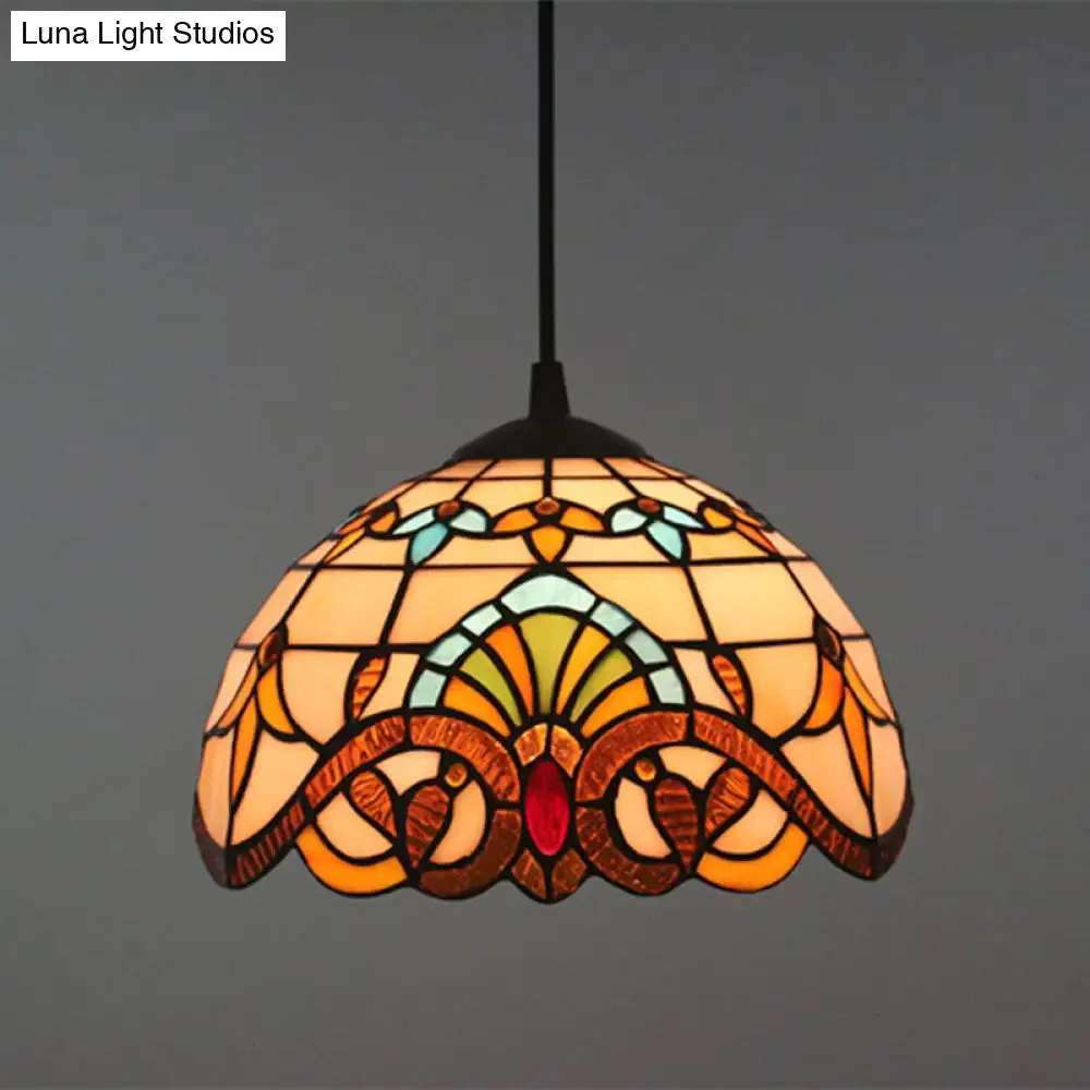 Baroque Stained Glass Pendant Light in Brown for Restaurant Ceiling Decor
