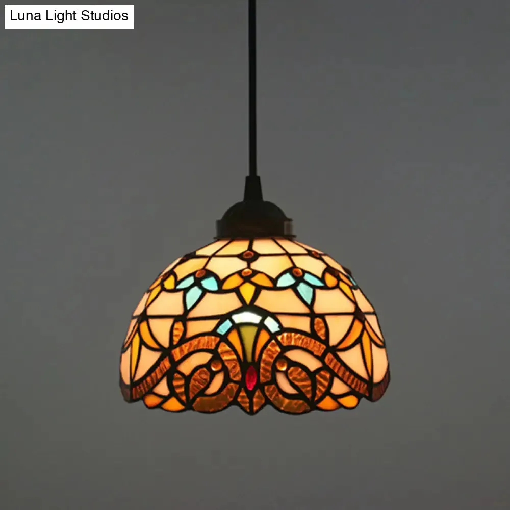 Baroque Stained Glass Pendant Light in Brown for Restaurant Ceiling Decor
