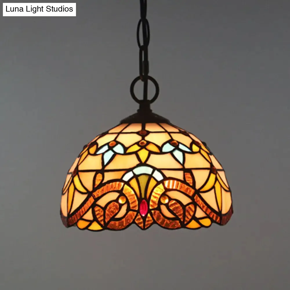 Baroque Stained Glass Pendant Light in Brown for Restaurant Ceiling Decor
