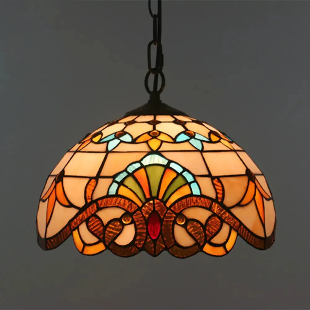 Baroque Stained Glass Pendant Light in Brown for Restaurant Ceiling Decor