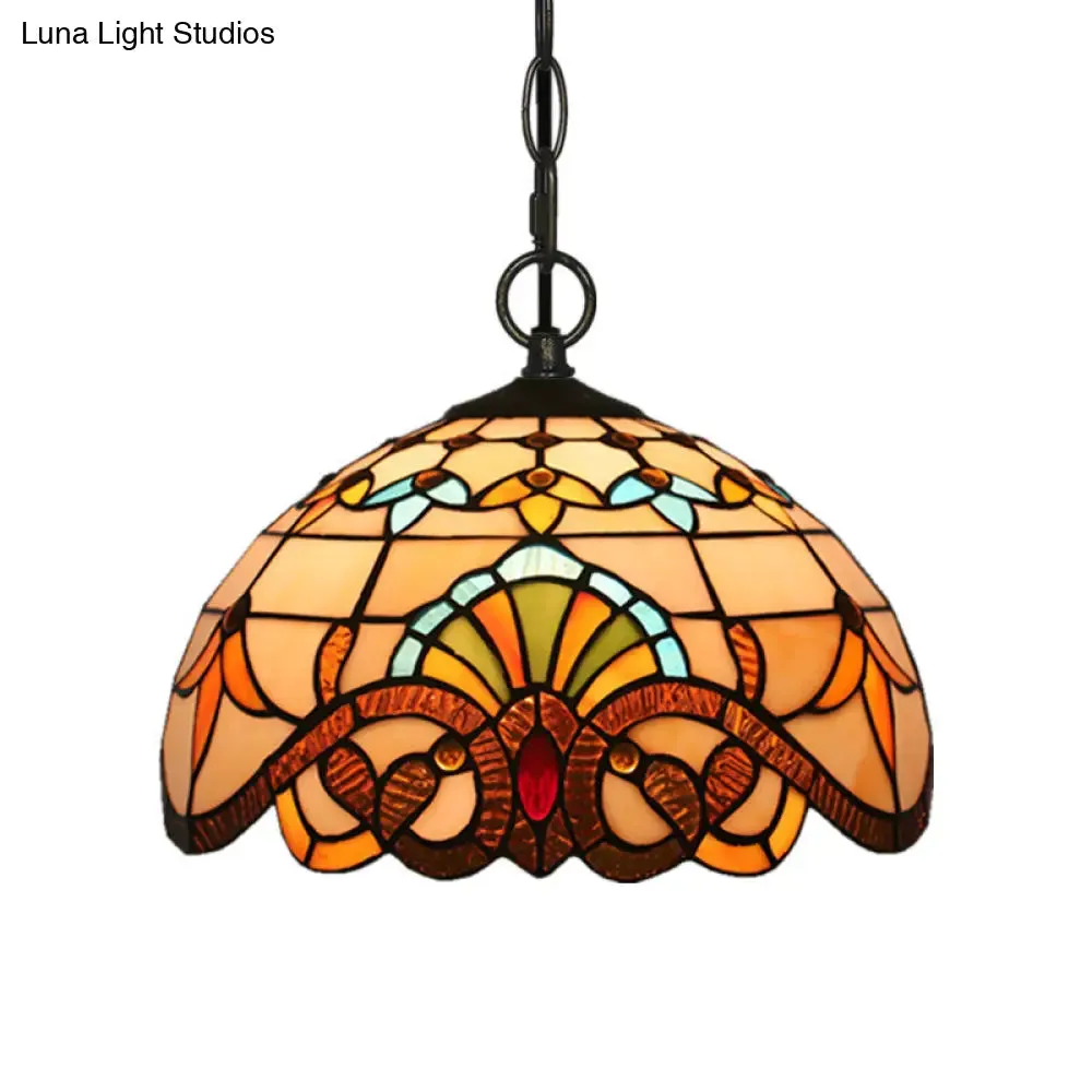 Baroque Stained Glass Pendant Light in Brown for Restaurant Ceiling Decor