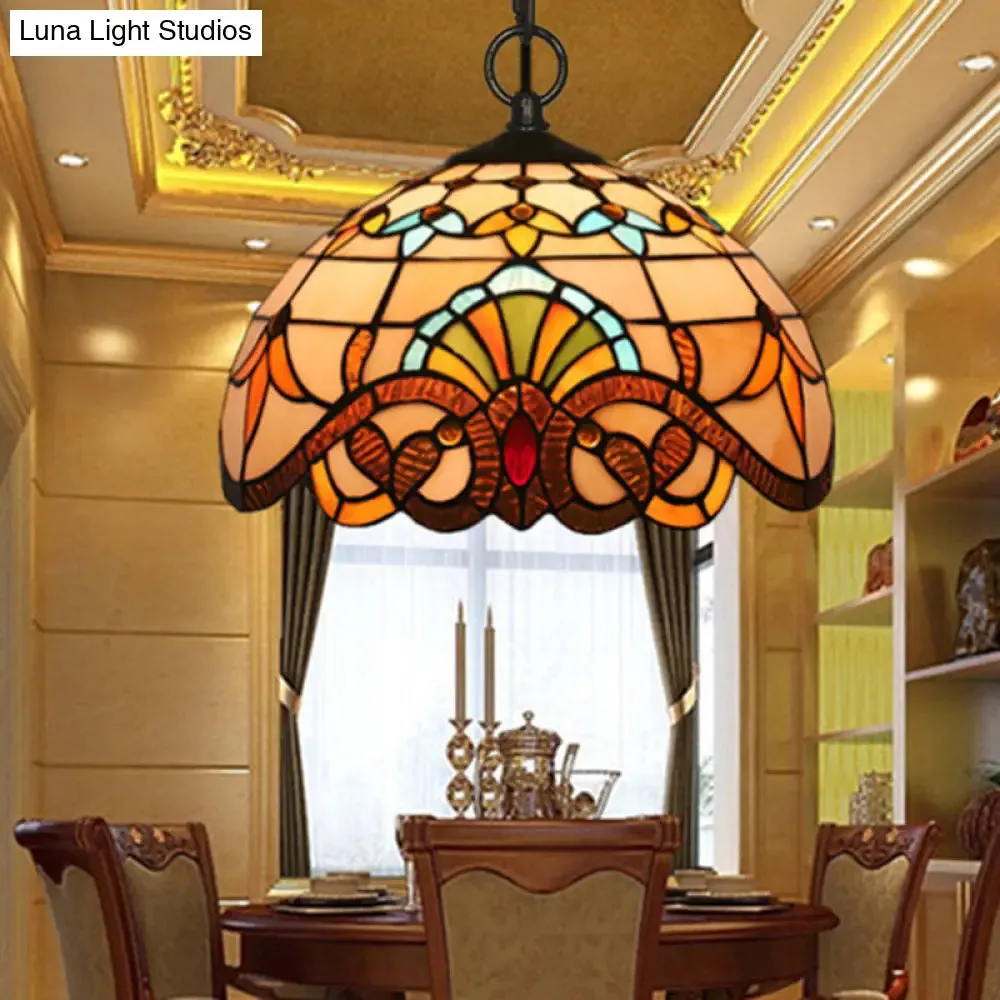 Baroque Stained Glass Pendant Light in Brown for Restaurant Ceiling Decor