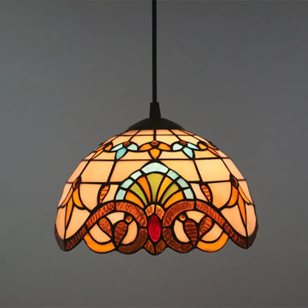 Baroque Stained Glass Pendant Light in Brown for Restaurant Ceiling Decor