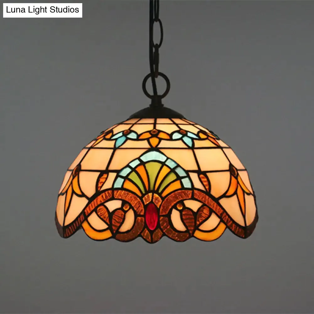 Baroque Stained Glass Pendant Light in Brown for Restaurant Ceiling Decor