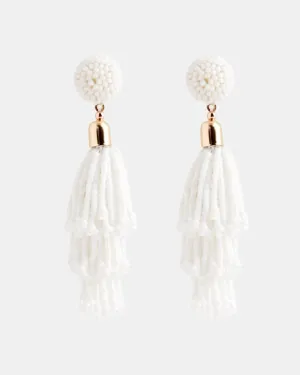 Beaded Tassel Earrings in White | White