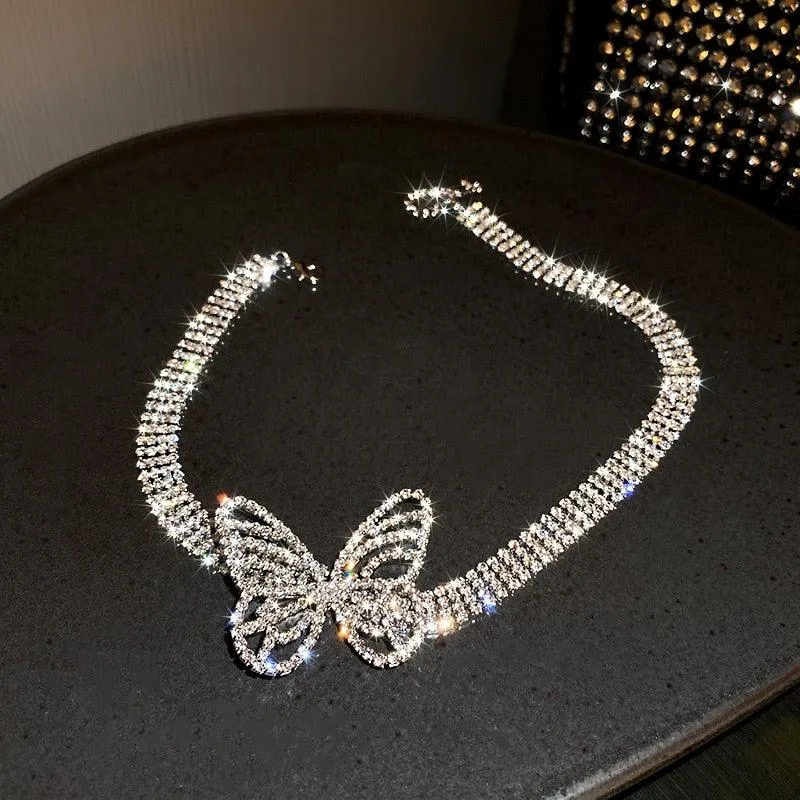 Beautiful Butterfly Crystal Choker Necklaces for Women Shiny Rhinestone Necklaces Statement Jewelry Accessories