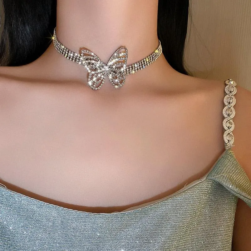 Beautiful Butterfly Crystal Choker Necklaces for Women Shiny Rhinestone Necklaces Statement Jewelry Accessories