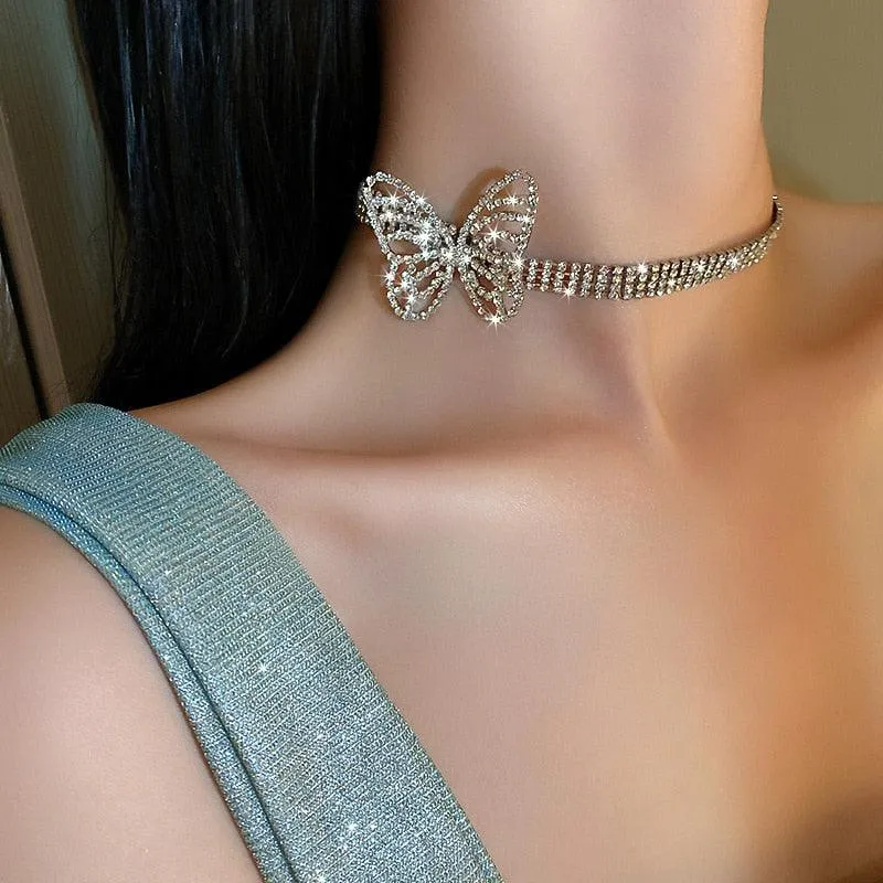 Beautiful Butterfly Crystal Choker Necklaces for Women Shiny Rhinestone Necklaces Statement Jewelry Accessories