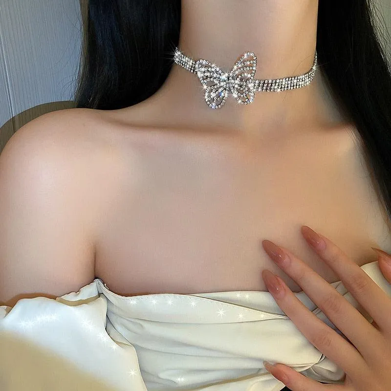Beautiful Butterfly Crystal Choker Necklaces for Women Shiny Rhinestone Necklaces Statement Jewelry Accessories