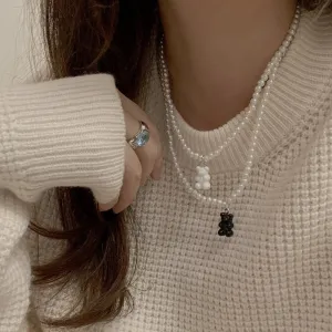 binfenxie Candy Black and White Resin Bear Necklace for Women Pearl Chain Beads Choker Link Jewelry Bohemia