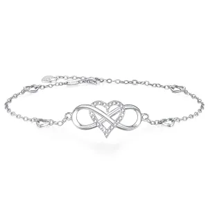 BlingGem Womens Ankle Bracelet 925 Sterling Silver Anklet Cubic Zirconia Infinity Heart Summer Beach Stylish Chain Adjustable Gift for Women White Gold