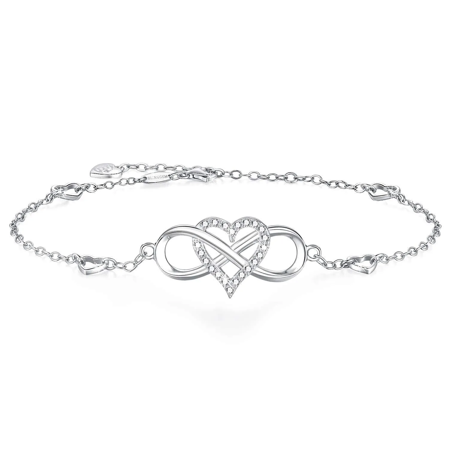 BlingGem Womens Ankle Bracelet 925 Sterling Silver Anklet Cubic Zirconia Infinity Heart Summer Beach Stylish Chain Adjustable Gift for Women White Gold