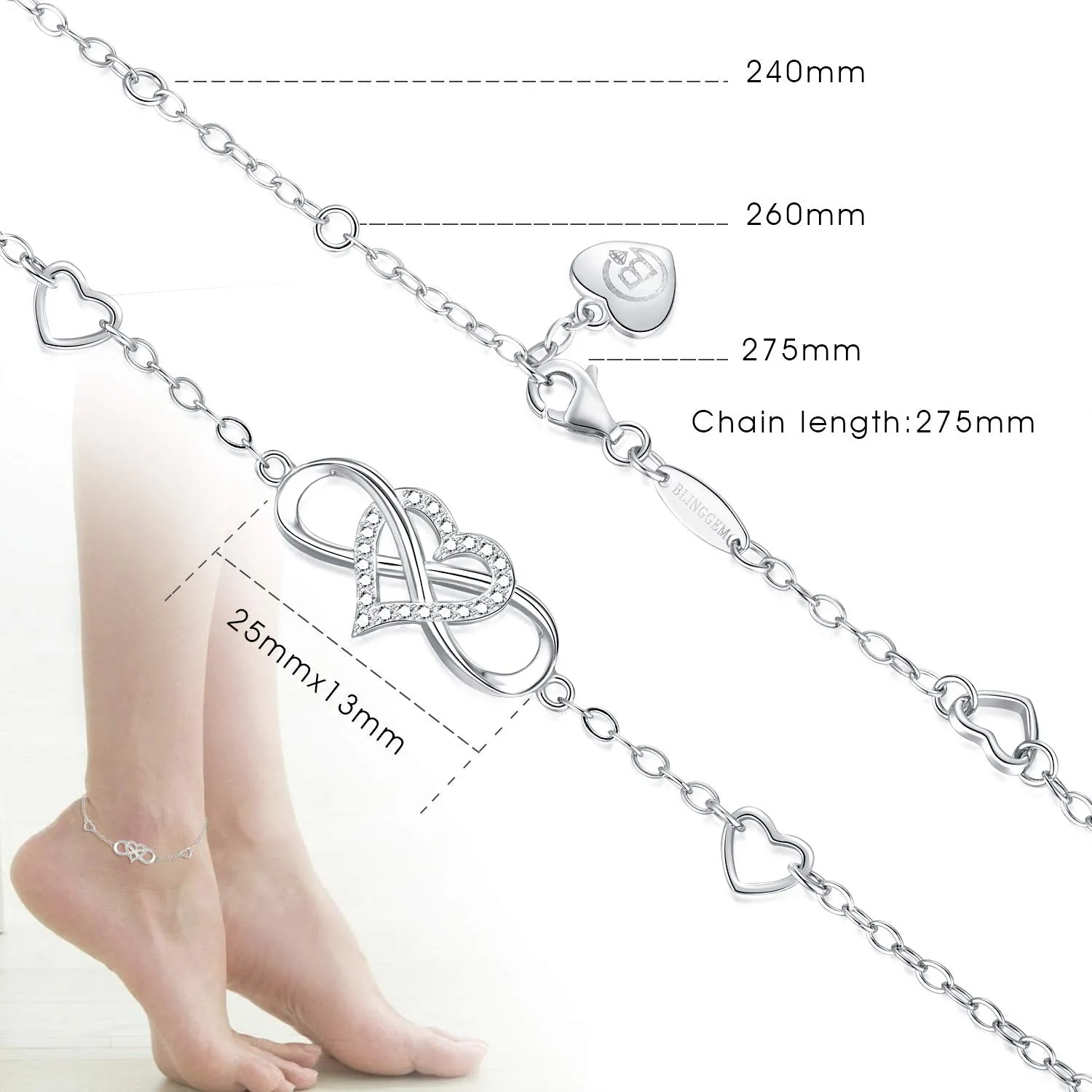 BlingGem Womens Ankle Bracelet 925 Sterling Silver Anklet Cubic Zirconia Infinity Heart Summer Beach Stylish Chain Adjustable Gift for Women White Gold