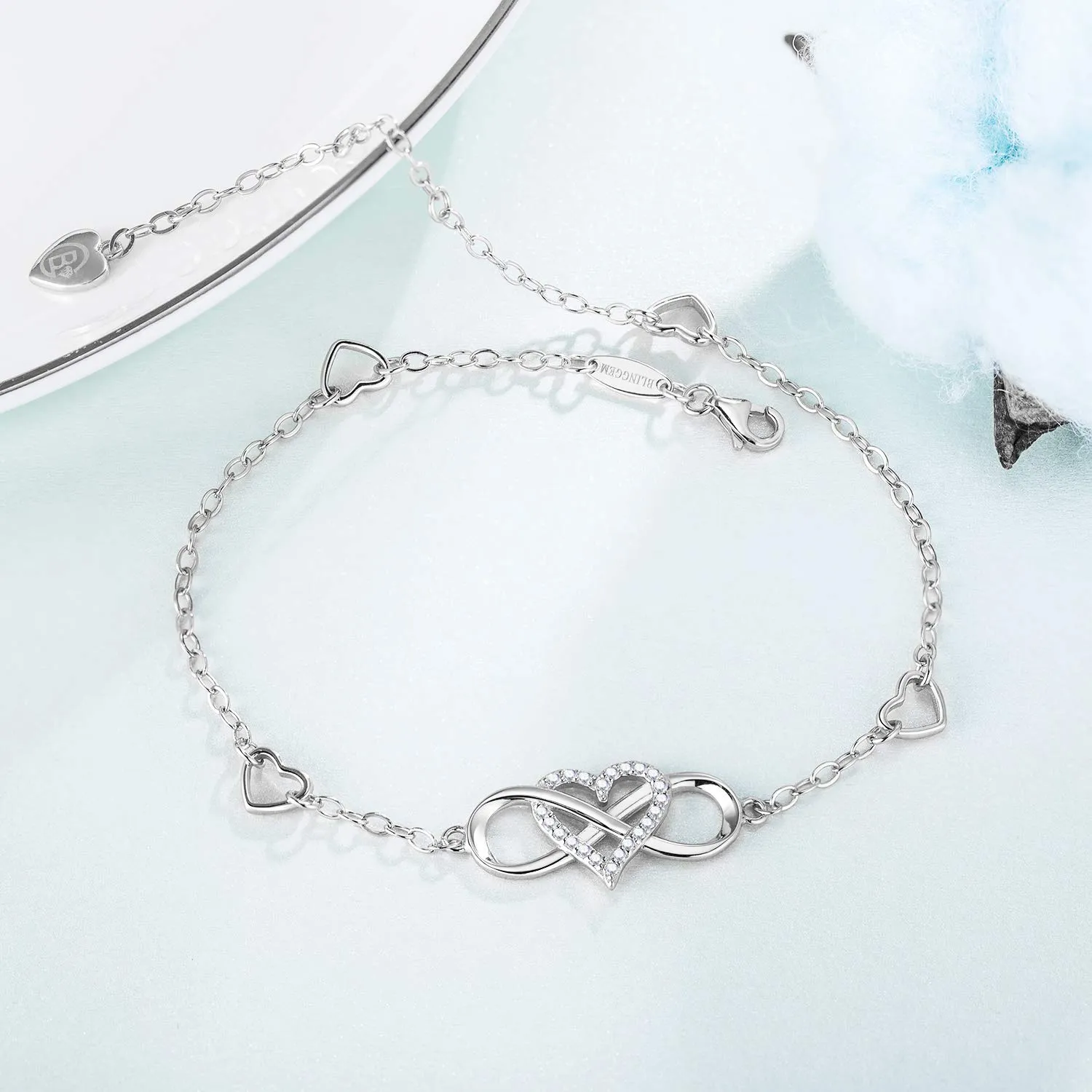 BlingGem Womens Ankle Bracelet 925 Sterling Silver Anklet Cubic Zirconia Infinity Heart Summer Beach Stylish Chain Adjustable Gift for Women White Gold
