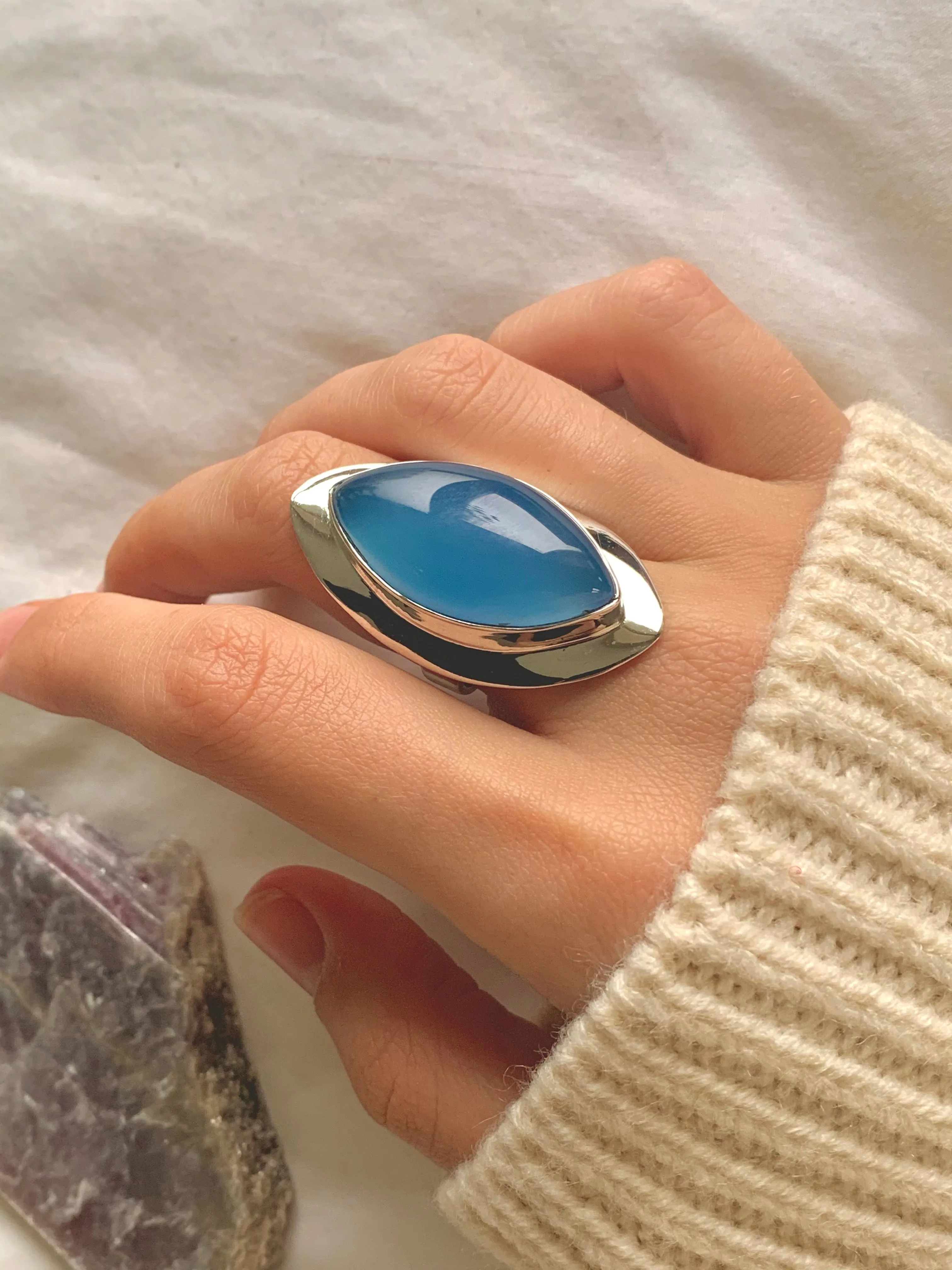 Blue Chalcedony Medea Ring - Large Marquise (US 7.5)