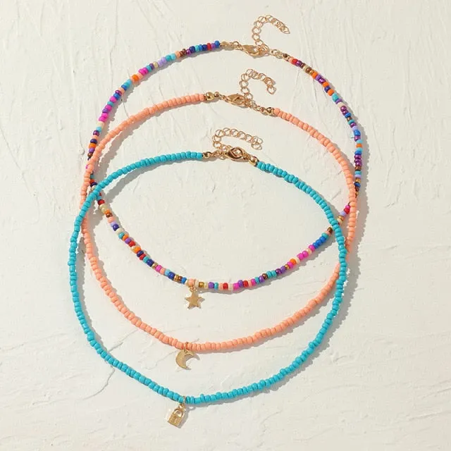 Bohemian Multilayer Seed Bead Star Moon Butterfly Pendant Necklace For Women Fashion Beach Simple Lock Choker Collar Gift