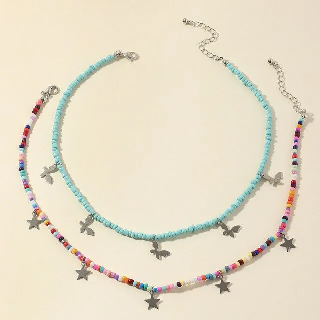 Bohemian Multilayer Seed Bead Star Moon Butterfly Pendant Necklace For Women Fashion Beach Simple Lock Choker Collar Gift