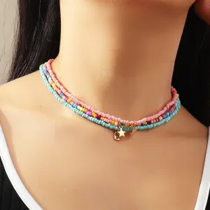Bohemian Multilayer Seed Bead Star Moon Butterfly Pendant Necklace For Women Fashion Beach Simple Lock Choker Collar Gift
