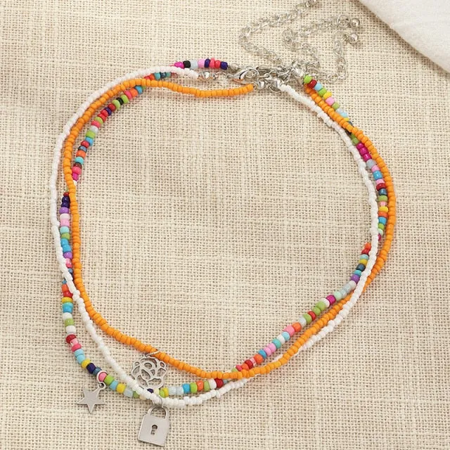 Bohemian Multilayer Seed Bead Star Moon Butterfly Pendant Necklace For Women Fashion Beach Simple Lock Choker Collar Gift