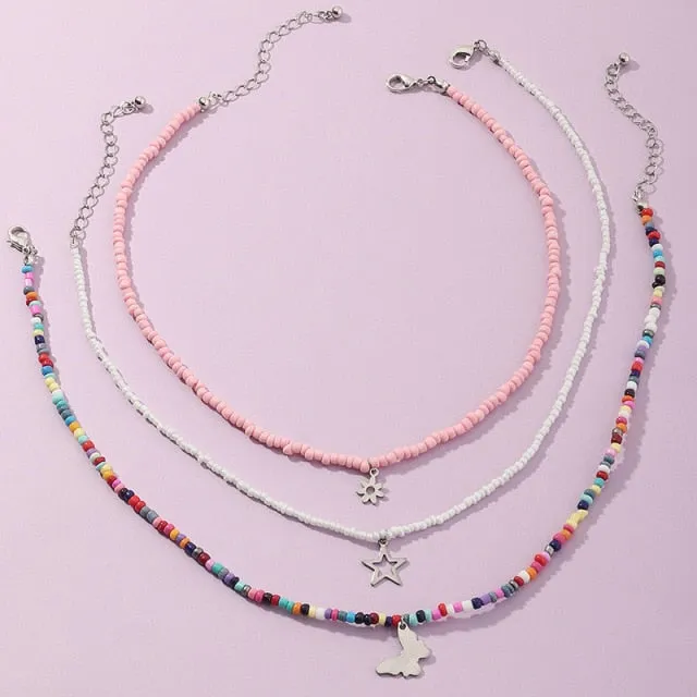 Bohemian Multilayer Seed Bead Star Moon Butterfly Pendant Necklace For Women Fashion Beach Simple Lock Choker Collar Gift