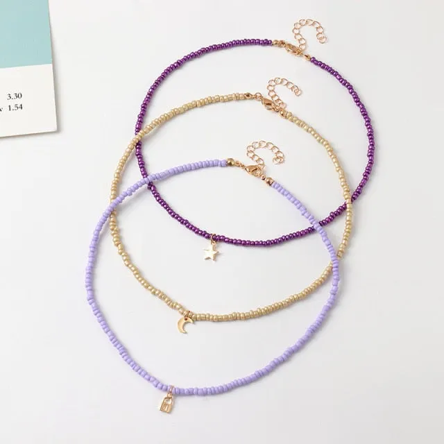 Bohemian Multilayer Seed Bead Star Moon Butterfly Pendant Necklace For Women Fashion Beach Simple Lock Choker Collar Gift