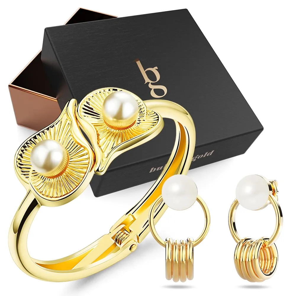 Boxed Helena Pearl & Charm Ring Gold Drop Earrings and Precious Pearl Bangle Set