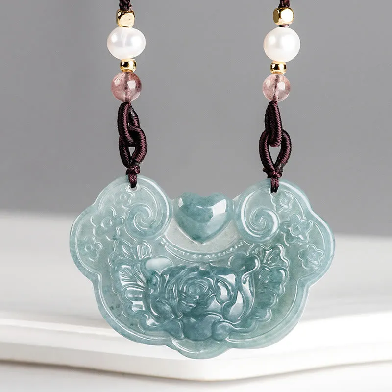 Buddha Stones Natural Jade Peony Flower Lock of Good Wishes Prosperity Necklace Pendant