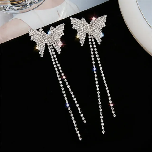 Butterfly Crystal Choker Necklace and Earrings with Long Tassel Rhinestones for Evening
