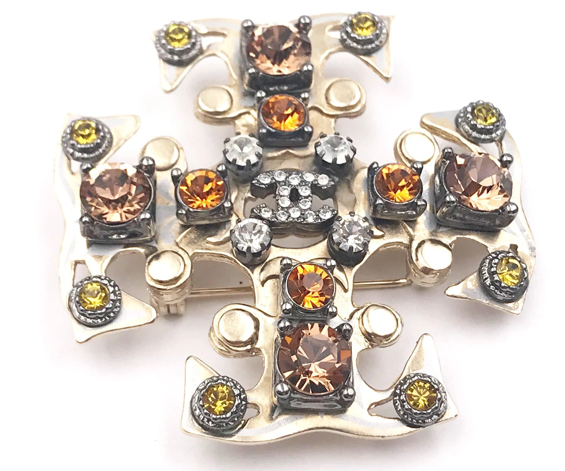 CHANEL Gold CC Peach Orange Mustard Silver Crystal Gothic Cross Brooch Pendant