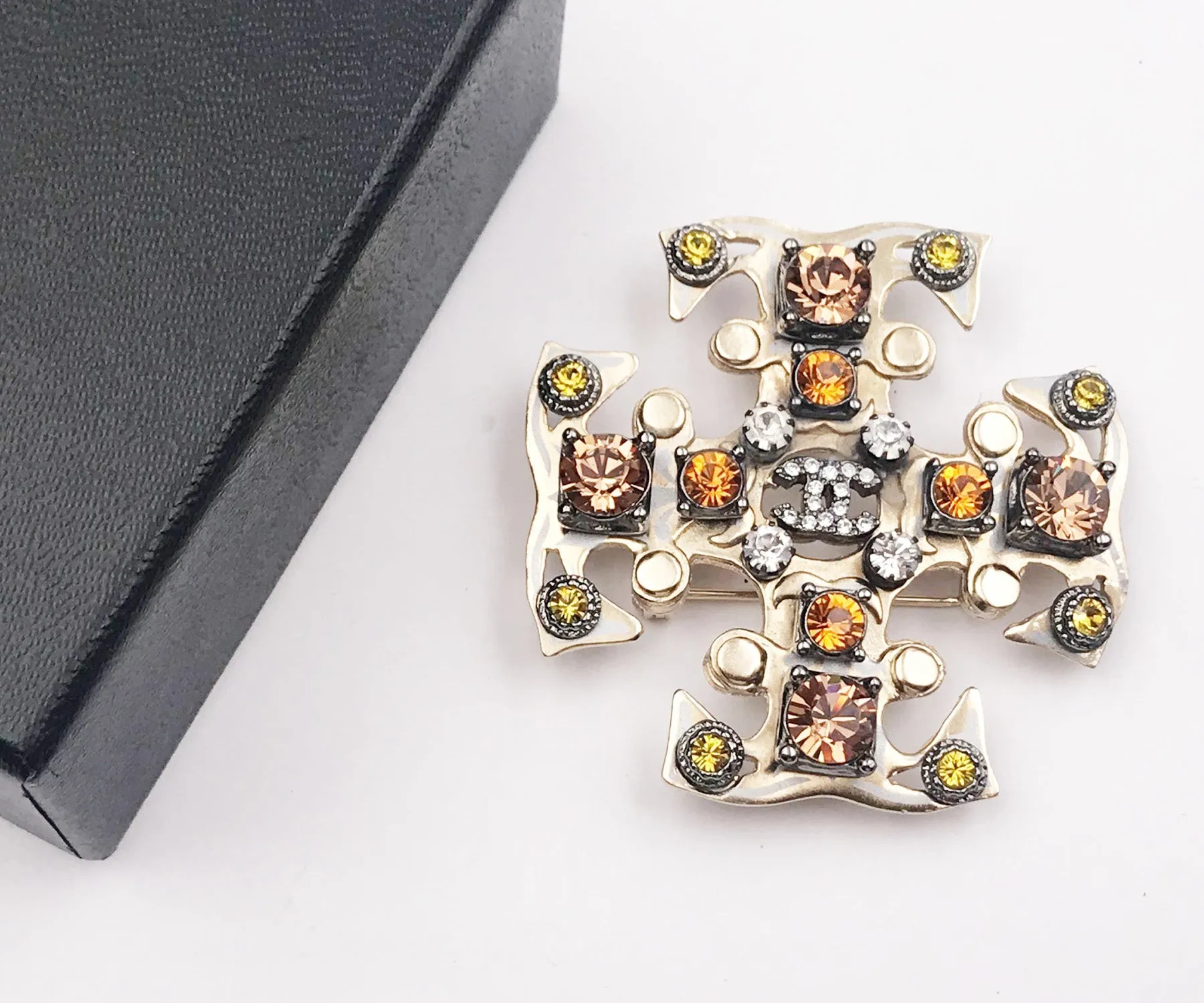 CHANEL Gold CC Peach Orange Mustard Silver Crystal Gothic Cross Brooch Pendant