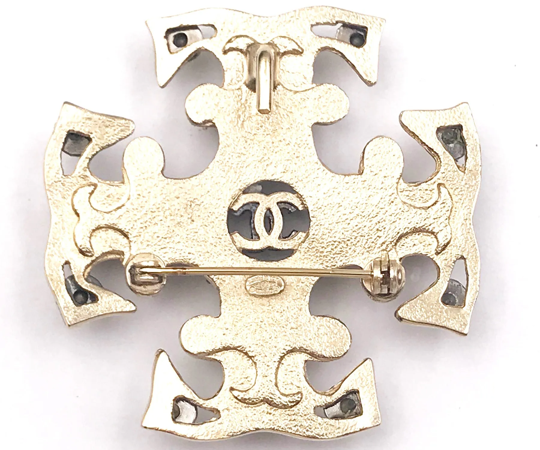CHANEL Gold CC Peach Orange Mustard Silver Crystal Gothic Cross Brooch Pendant
